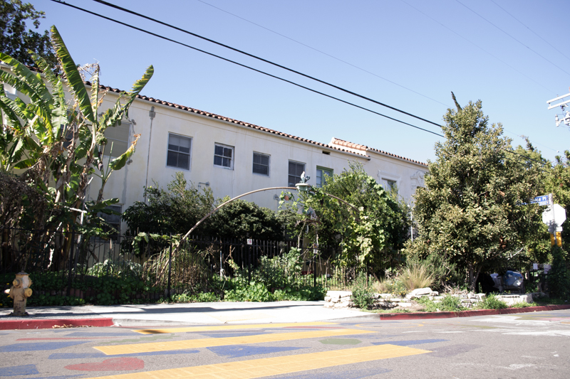 A white building with plants around it.