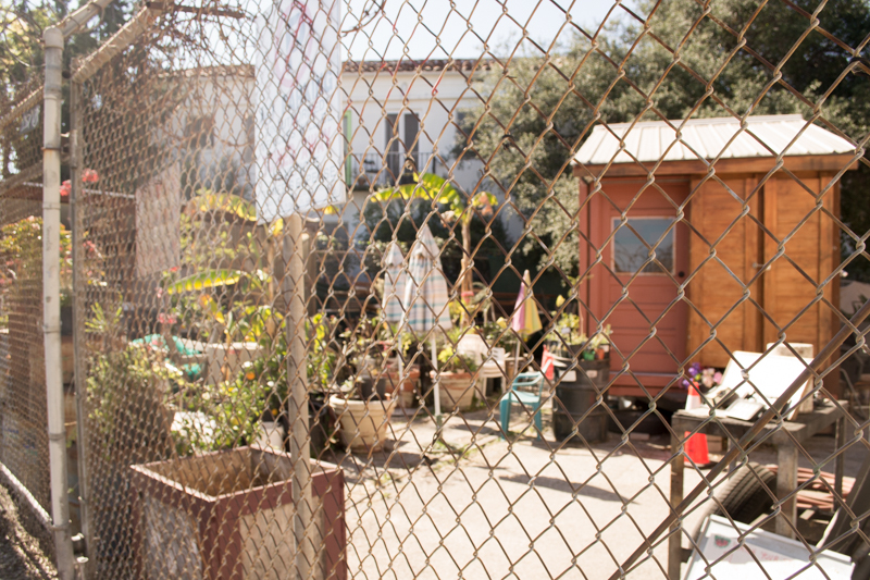 A tiny home behind a fence.